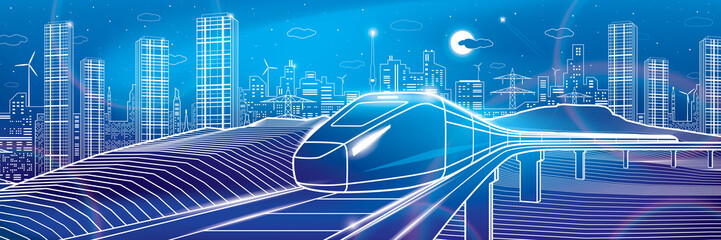 Modern night town, neon town. Train rides. City Infrastructure and transport illustration. Urban scene. Vector design art. White outlines on blue background