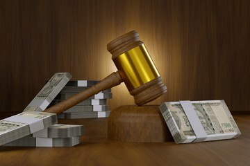 Judge Gavel on Wooden Table with Indian Rupee 500 Currency Notes - 3D Illustration