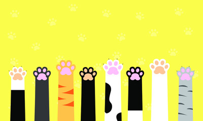 Multicolored cat paws. Flat design. Cute cat paws wallpaper. Vector illustration