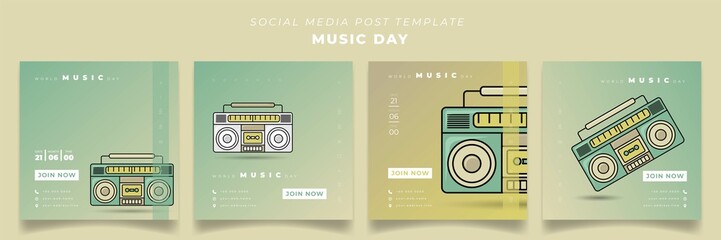 Obraz premium Set of social media post template for world music day with radio tape design