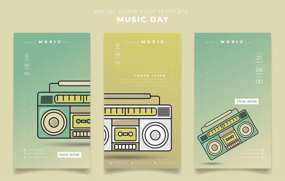 Set of social media post template for world music day with radio tape design in portrait background