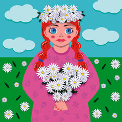 A girl with a wreath in the camomile field