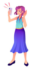 Girl takes a selfie on the phone. Purple hair. Anime style. Vector colorful illustration on a white background.