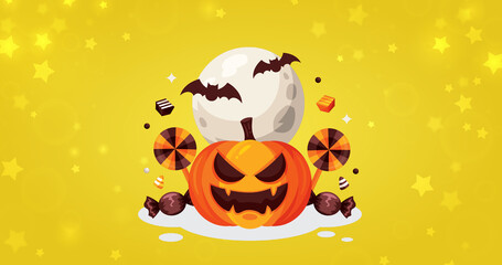 Halloween illustration with pumpkin ,candy , bats and full moon on a yellow background.