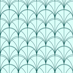 Green art deco seamless pattern. Abstract floral fan. Geometric outline shape. Editable stroke. Vector illustration