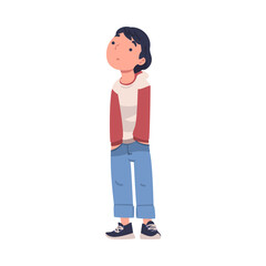 Little Puzzled Boy Standing with Hands in Pocket Looking Up to Someone Talking Vector Illustration