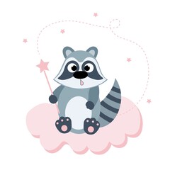 A cute raccoon with a magic wand sits on a pink cloud. Children s postcard or banner. Flat illustration.