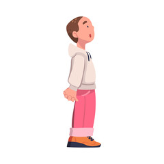 Little Puzzled Boy Standing and Talking to Somebody Vector Illustration
