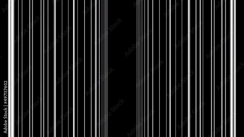 Poster Animation of moving vertical lines on black background. Design. Moving vertical barcode lines in space. Computer space with moving vertical lines