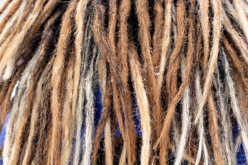Background of artificial ombre dreadlocks. Close up dreadlocks texture in natural color