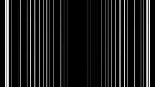 Animation of moving vertical lines on black background. Design. Moving vertical barcode lines in space. Computer space with moving vertical lines