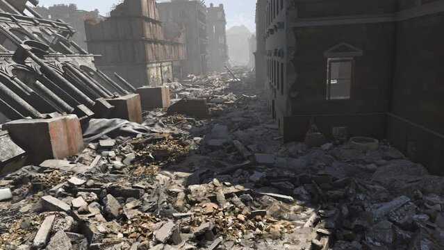 Conceptual war footage depicting the old town of a major city ravaged and razed to the ground by conflict, including destroyed buildings, cars and armored vehicles
