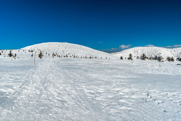 Fototapeta na wymiar Winter Nizke Tatry mountains in Slovakia with snow covered hills and blue sky