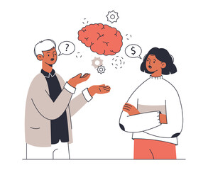 Business problem solution, teamwork brainstorming and collaboration. Office people colleagues discussion, outline business team cooperation vector symbols illustration