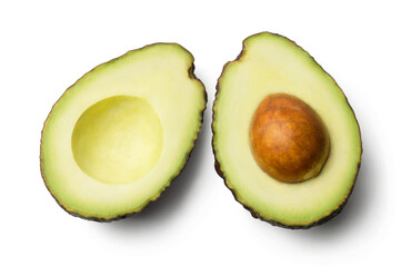 Avocado isolated. Two halves of an avocado on a white background. View from above.