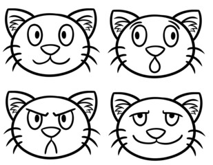 Monochrome illustration. A set of cute cats, cat faces with different emotions