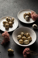 Quail eggs in speckled plates with beautiful pink dried flowers