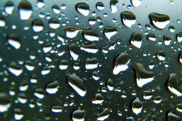 Raindrops on window pane on a cold day of winter