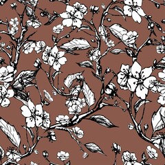 Sakura flowers, branch black outline, brown background, seamless pattern