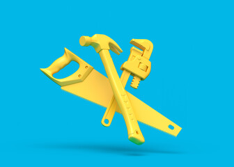 Flying view of yellow construction tools for repair on blue background