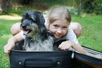 A girl with dog sits in a suitcase on the grass. Travelling