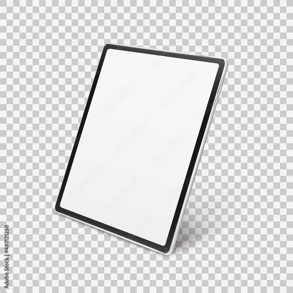 Poster white realistic tablet mockup isolated on transparent checkered background. 3d device with blank whi