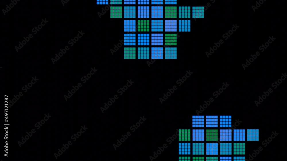 Poster retro background with moving mosaic squares on black background. design. colored squares randomly mo