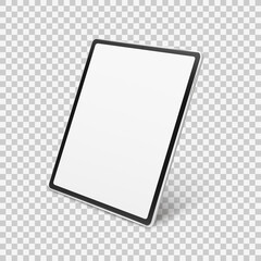 White realistic tablet mockup isolated on transparent checkered background. 3d device with blank white screen