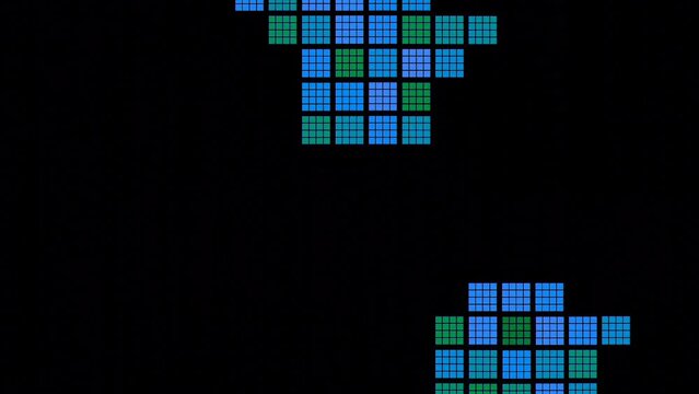 Retro background with moving mosaic squares on black background. Design. Colored squares randomly move on black background. Retro game background with squares