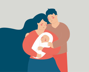 Young couple hug their baby with love. husband and wife embrace their new born child with care. Poster of happy father's and mother's day. Positive parenting, baby care family relationship concept.