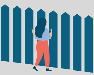 Young woman looks at the other side through the gap. Girl stands in front of a high fence, faces hard obstacles on her life. Concept of human rights and business opportunities. Vector illustration