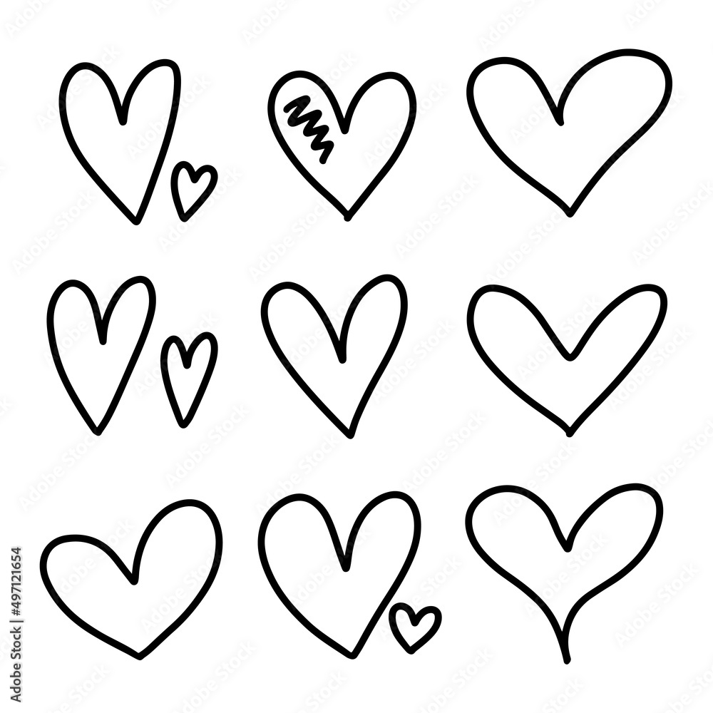 Wall mural set of simple hand drawn heart doodles isolated on white background. different outlined heart collec