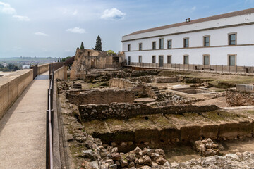 view of the Moorish castle and fortress ruins in the historic city center of Badajoz