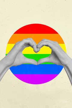 Creative artwork collage arms hands making showing heart symbol against LGBT flag Lesbian Gay Bisexual Transgender Pride concepts