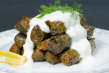 Delicious turkish meal dolma. Stuffed grape leaves rice