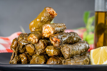 Delicious turkish meal dolma. Stuffed grape leaves rice