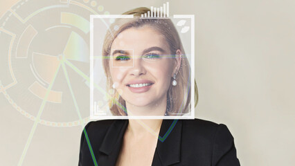 young serious blonde woman with short haircut, double exposure with digital hologram for identification, panorama. Innovation, face recognition and futuristic smart technology