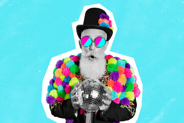 Cartoon stylized image photo of mature show man dressed exclusive pom pom jacket hold discoball isolated turquoise color background