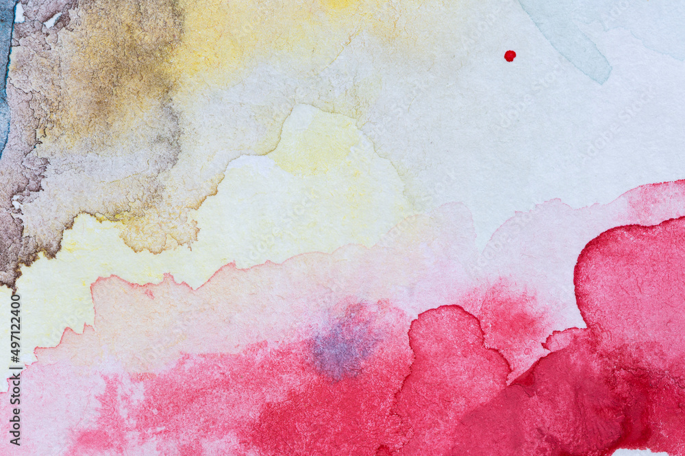 Poster macro close-up of an abstract colorful watercolor gradient fill background with watercolour stains. 