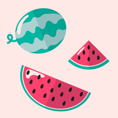 Vetor de uma melancia e suas fatias. Ilustração flat, com sombras simples.