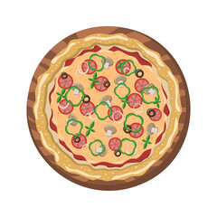 Vegetarian vegetable pizza with tomatoes, sweet peppers, olives, basil, onions on a wooden board on a white background. Vector image