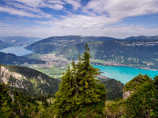 Lake Thun, Lake Brienz and Interlaken town in the Bernese Oberland in Switzerland - 497122654