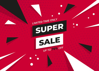 Super sale banner design limited time only, up to 70% off. Vector.