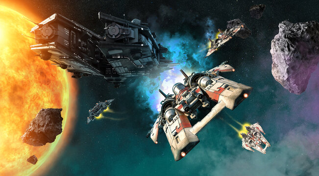 space fighters and mother ship 3D illustration