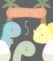 Birthday Party, Greeting Card, Party Invitation. Kids illustration with Cute Dinosaurs and and the number five. Vector illustration in cartoon style.