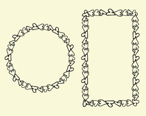 Decorative heart frames set, circle, rectangle geometrical shapes. Hand drawn outline hearts shapes, grey color palette. Isolated Elements, White background