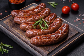 Grilled sausages with ingredients on a cutting board on a stone background