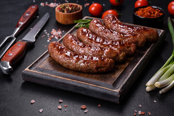 Grilled sausages with ingredients on a cutting board on a stone background