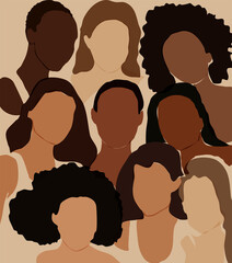 Nine elegant silhouettes of girls and women in a minimalist boho style. Women of different skin and hair style together. International Women's Day. The concept of women's rights. - 497123825