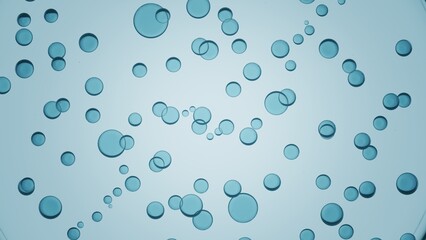 Blue different sized oil drops floating in transparent liquid on pale blue background | Abstract background for beauty product
